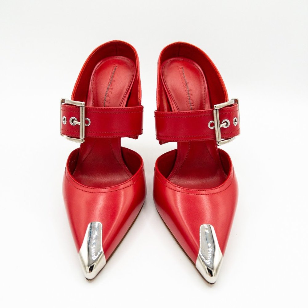 Alexander McQueen Red Leather Buckle Point-Toe Mules (New without box) - Picture 2 of 8